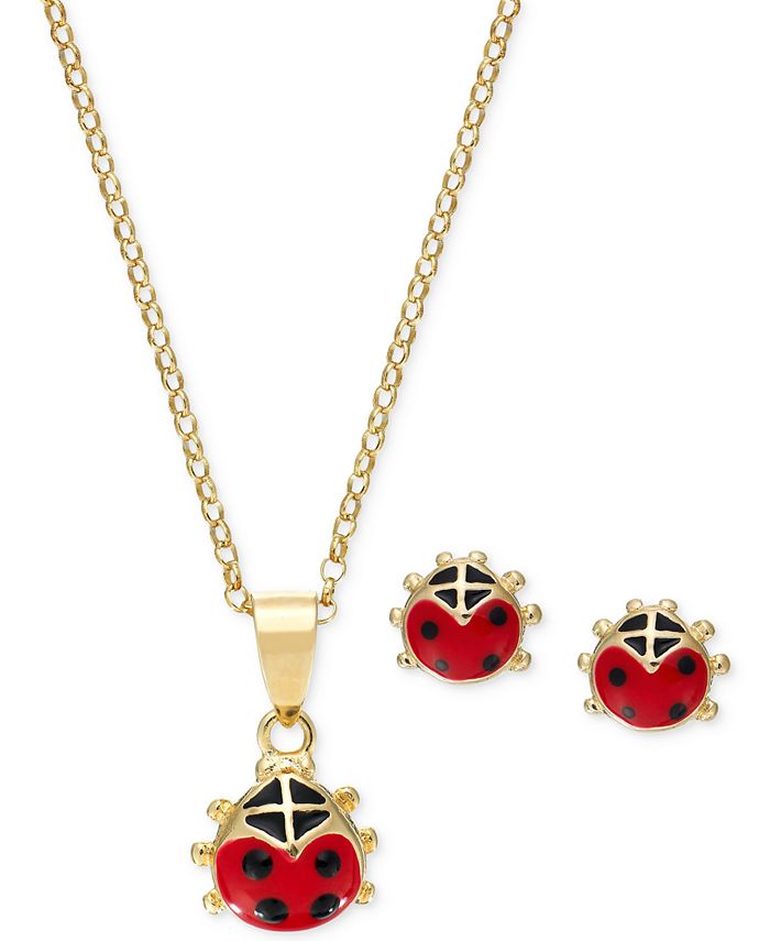 Macy's - Children's Red Enamel Ladybug Pendant Necklace and Stud Earrings Set in 18k Gold-Plated Sterling Silver