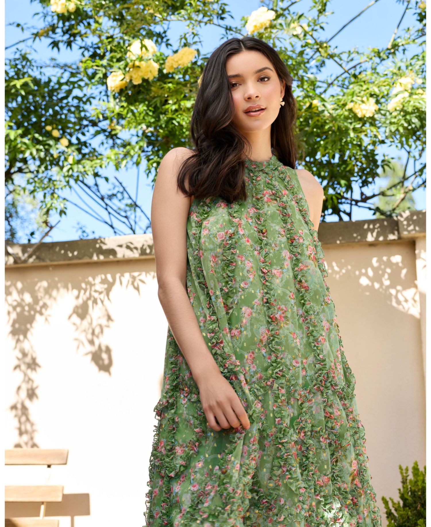 Women's Sleeveless Floral Chiffon Midi Dress with Ruffles