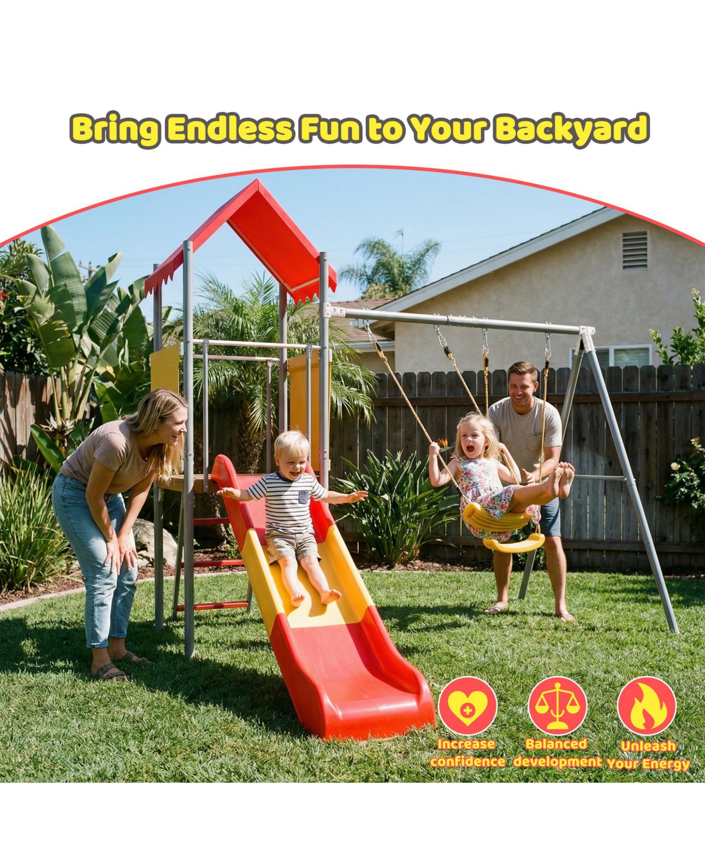 Детские игрушки ZENY Metal and Plastic Treehouse Swing Set with Slide, Belt Swings, and Canopy - Safe, Sturdy, and Portable for Kids Ages 3-8, цвет: Оранжевый красный — фото 2