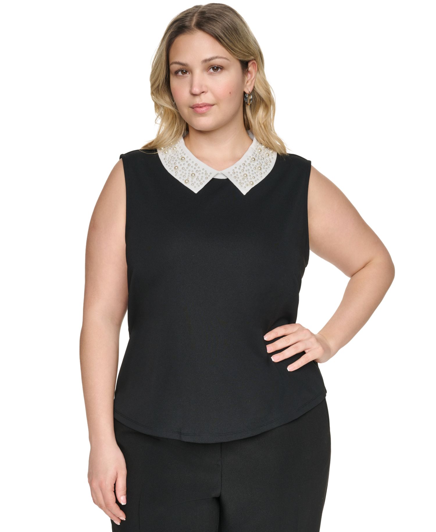 Plus Size Imitation Pearl Collar Knit Top