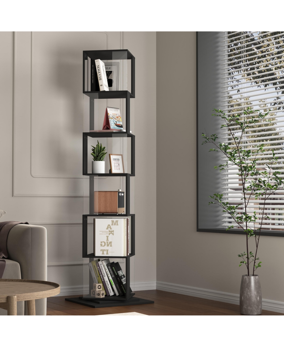 flynama 6-Tier 360 Degree Rotating Bookshelf Particleboard Acrylic Anti-Tall Base Household Multi-Layer Storage Display Shelf