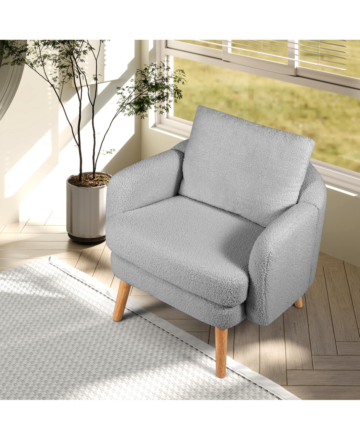 Gymax Sherpa Accent Chair with Seat Cushion and Pillow Rubber Wood Legs for Bedroom
