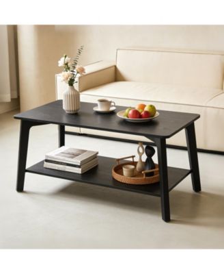 Modern 2-Tier Coffee Table with Storage Shelf, Curved Edges and Tapered Legs, 21.7" x 39.4" x 17.7" Living Room Center Table