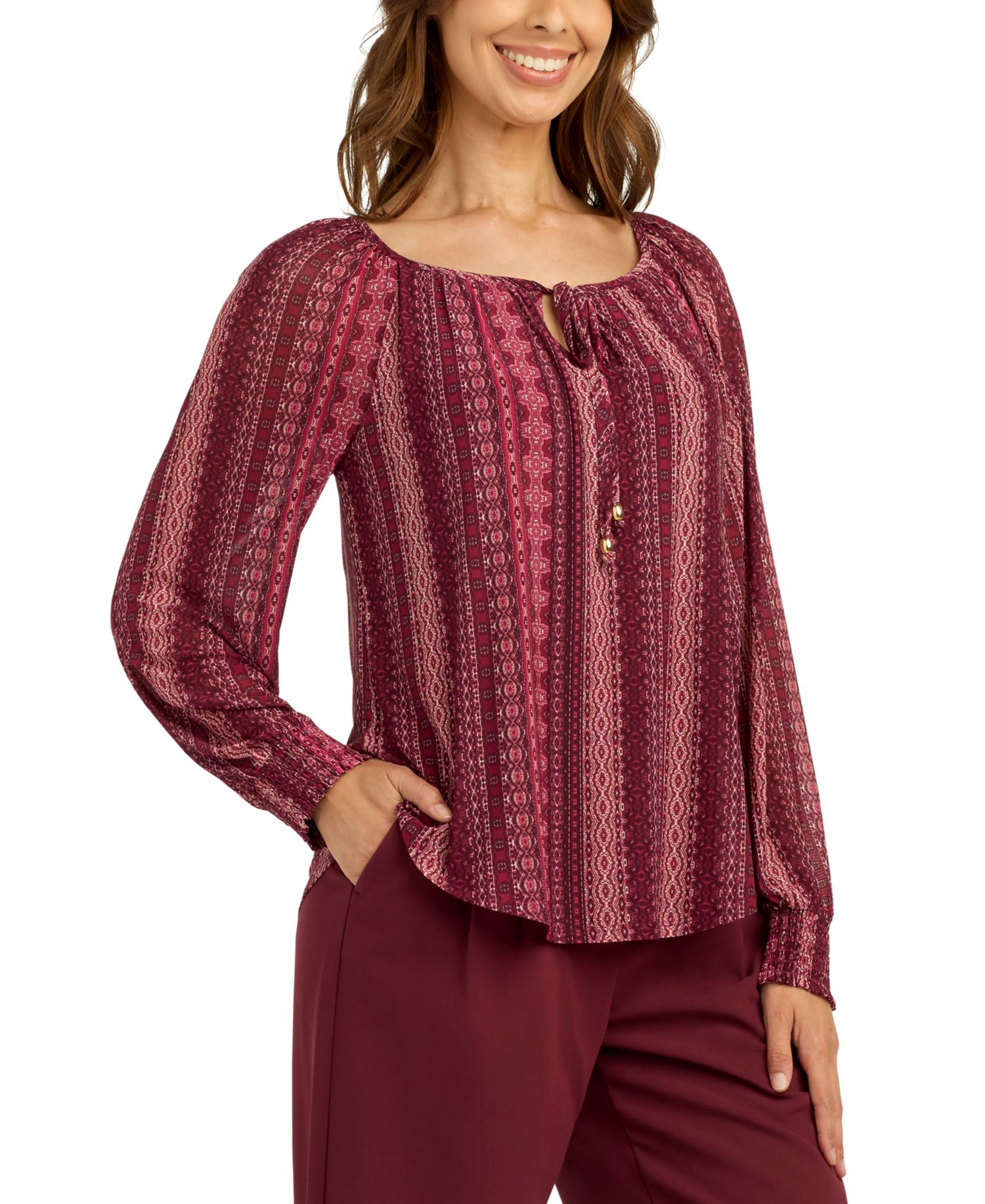Juniors' Printed Mesh Smocked-Sleeve Peasant Top