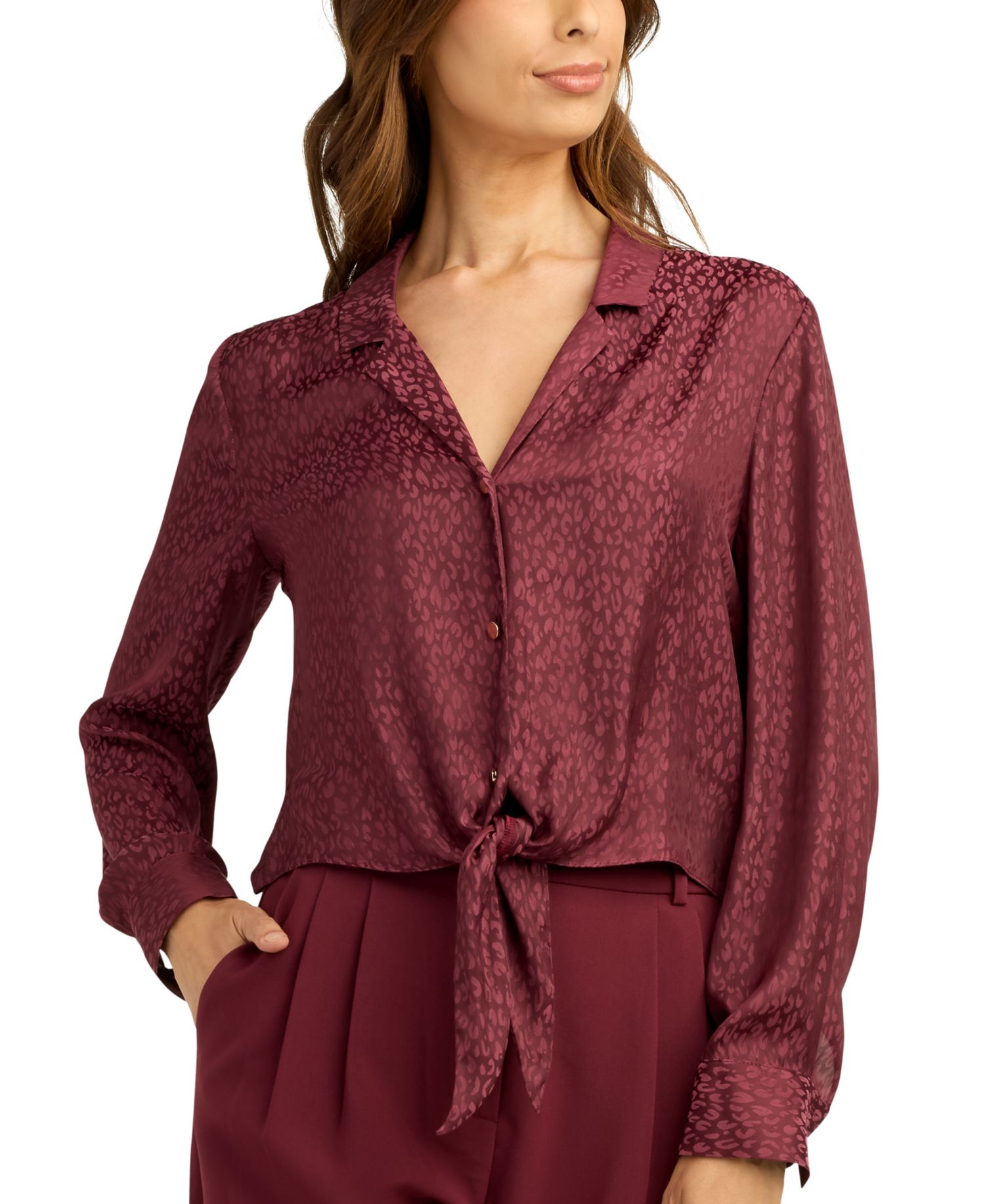 Juniors' Satin Jacquard Collared Blouse