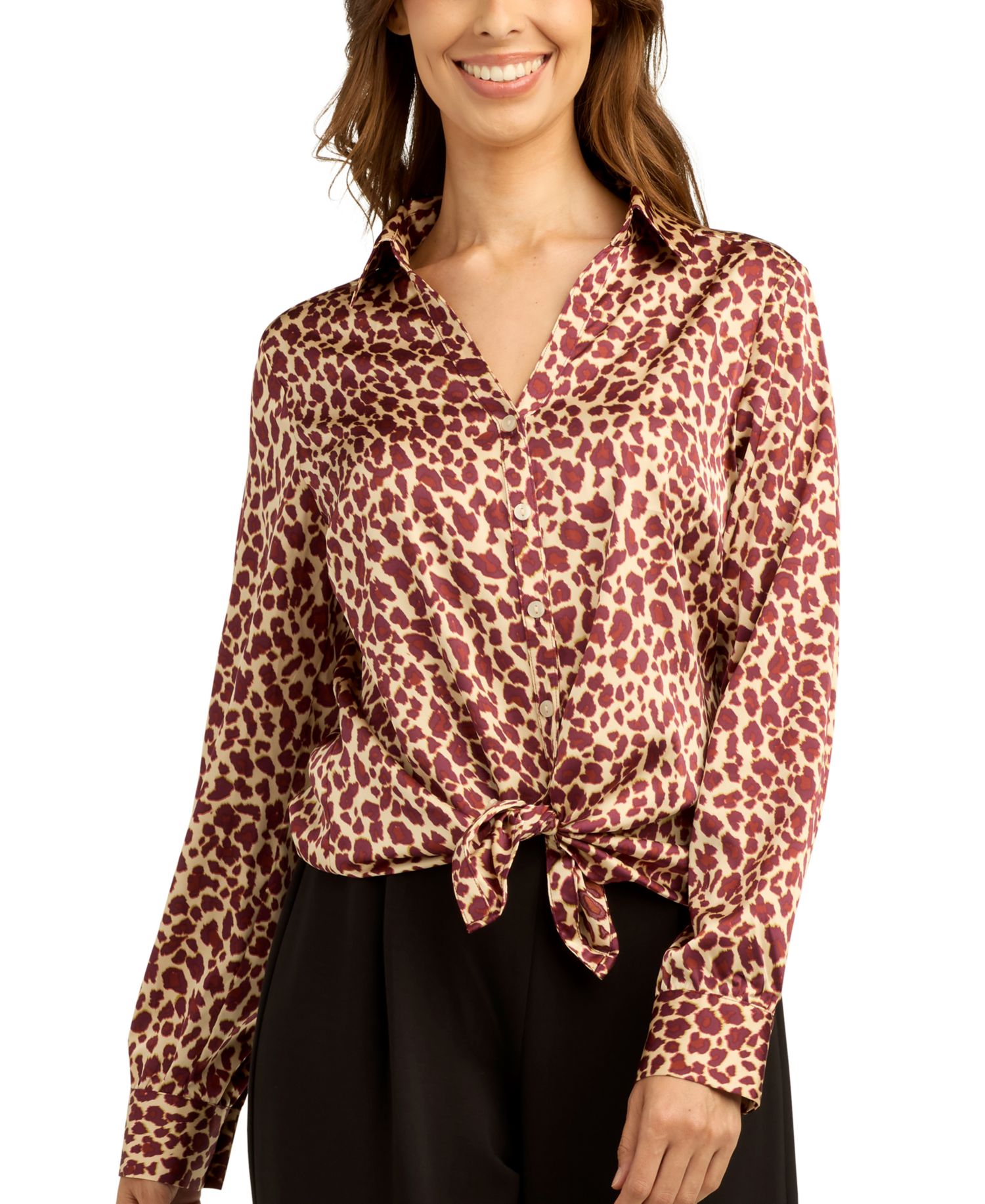 Juniors' Printed Satin Collared Button-Up Shirt