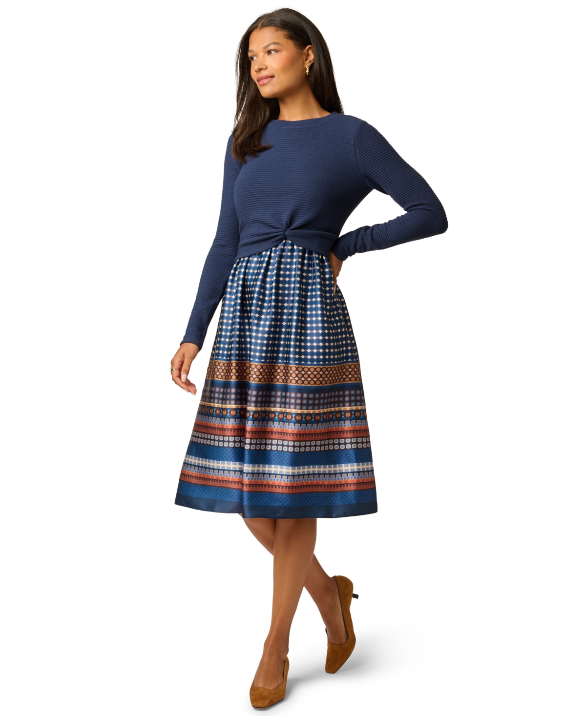 Adrianna Papell Women's Crewneck Knit Print Combo Dress