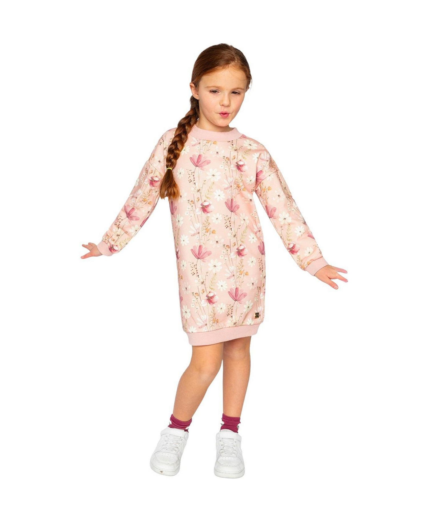 Little and Big Girl (6-12) French Terry Dress Pink Printed Flowers