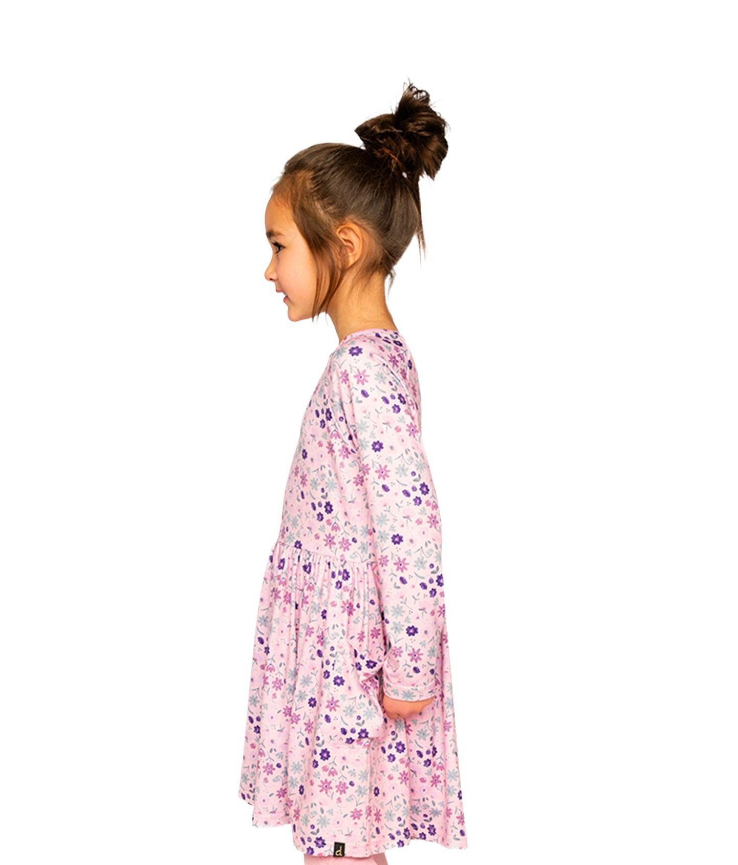Платье Deux par Deux Long Sleeve Dress Print Daisies для девочек, цвет: Розовый с принтом — фото 3