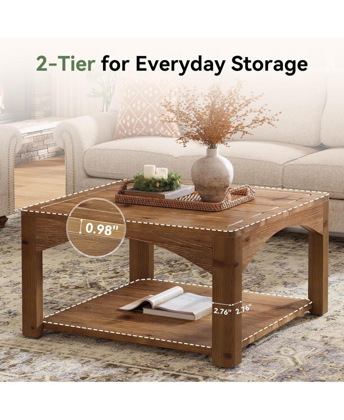 Tribesigns Square Coffee Table, 31.5" Solid Wood Coffee Table, 2-Tier Center Table for Living Room