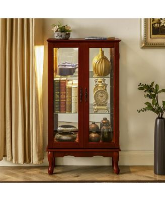 3-Tier Lighted Glass Curio Cabinet Acrylic Mirror Back Adjustable Tempered Glass Shelf Home Collection Display Cabinet