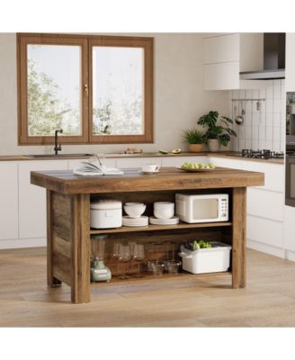 3-Tier Kitchen Island with Storage, 55'' Farmhouse Wooden Stationary Island Table with Large Worktop and Leg Room