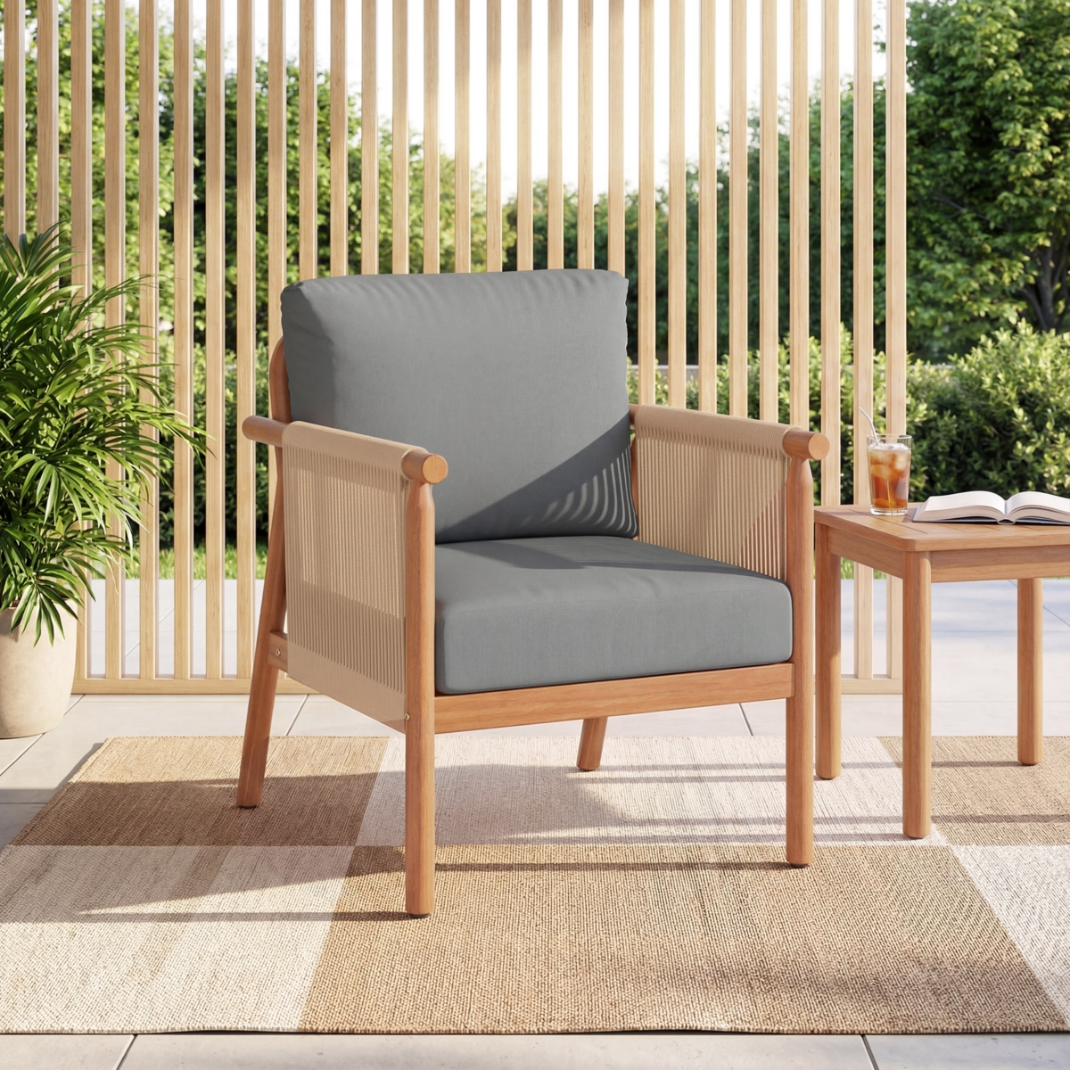 Costway Patio Acacia Wood Chair with Woven Rope Armrests and Seat Back Cushions for Backyard