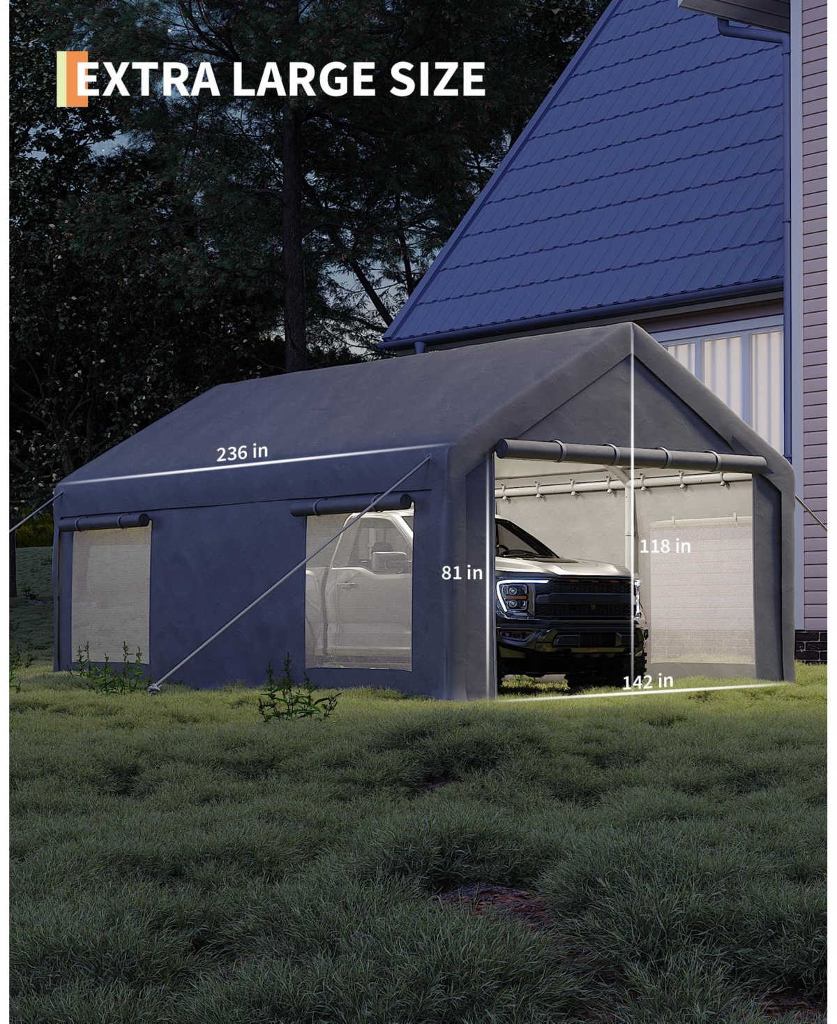 Homfan Pe Carport Canopy with Galvanized Steel Frame, Heavy Duty Outdoor Vehicle Shelter with Windows Doors