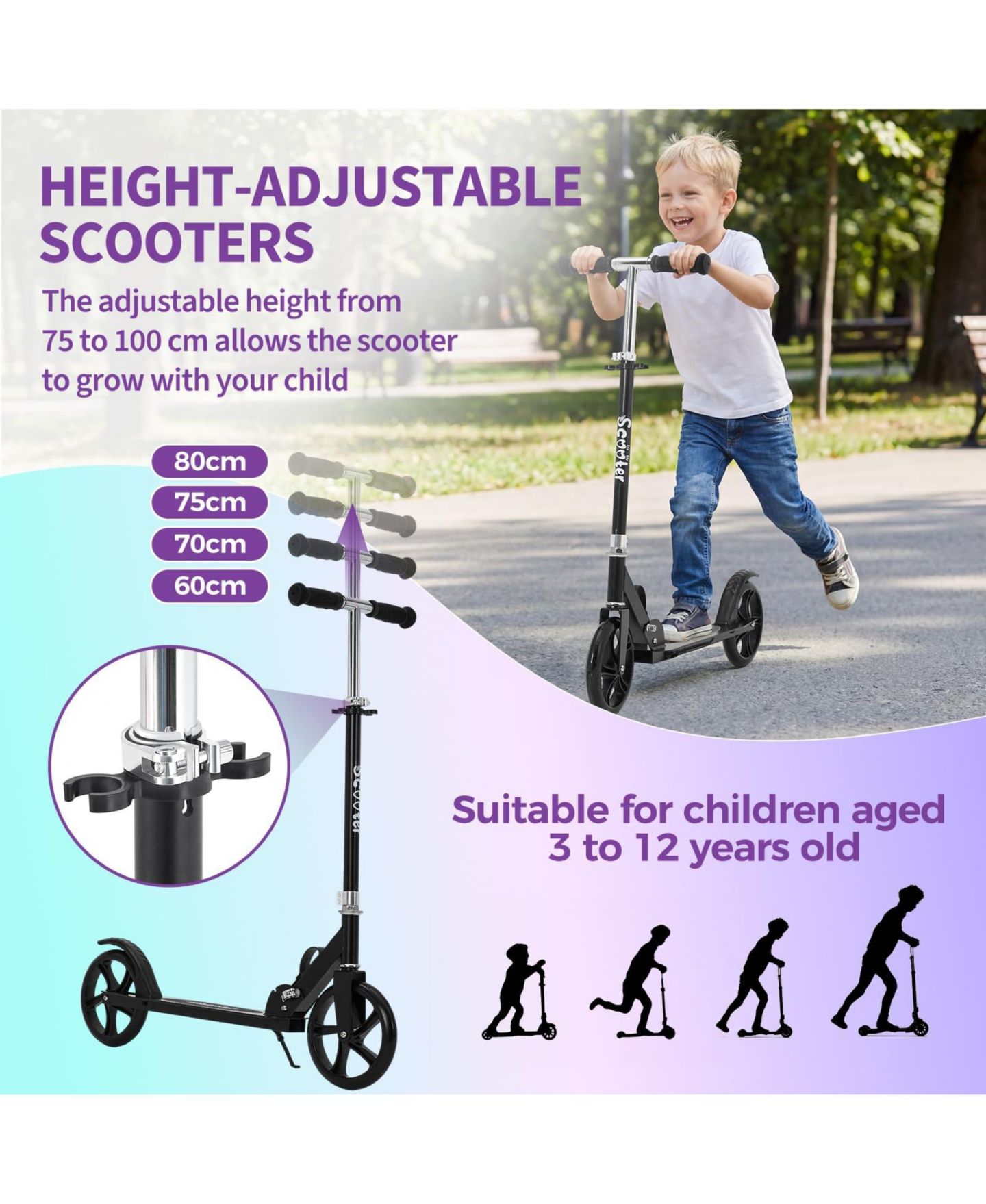 Детская игрушка homfan Big Wheels Adjustable Handlebar Foldable Scooter, Ages 3-6, цвет: Чёрный — фото 3