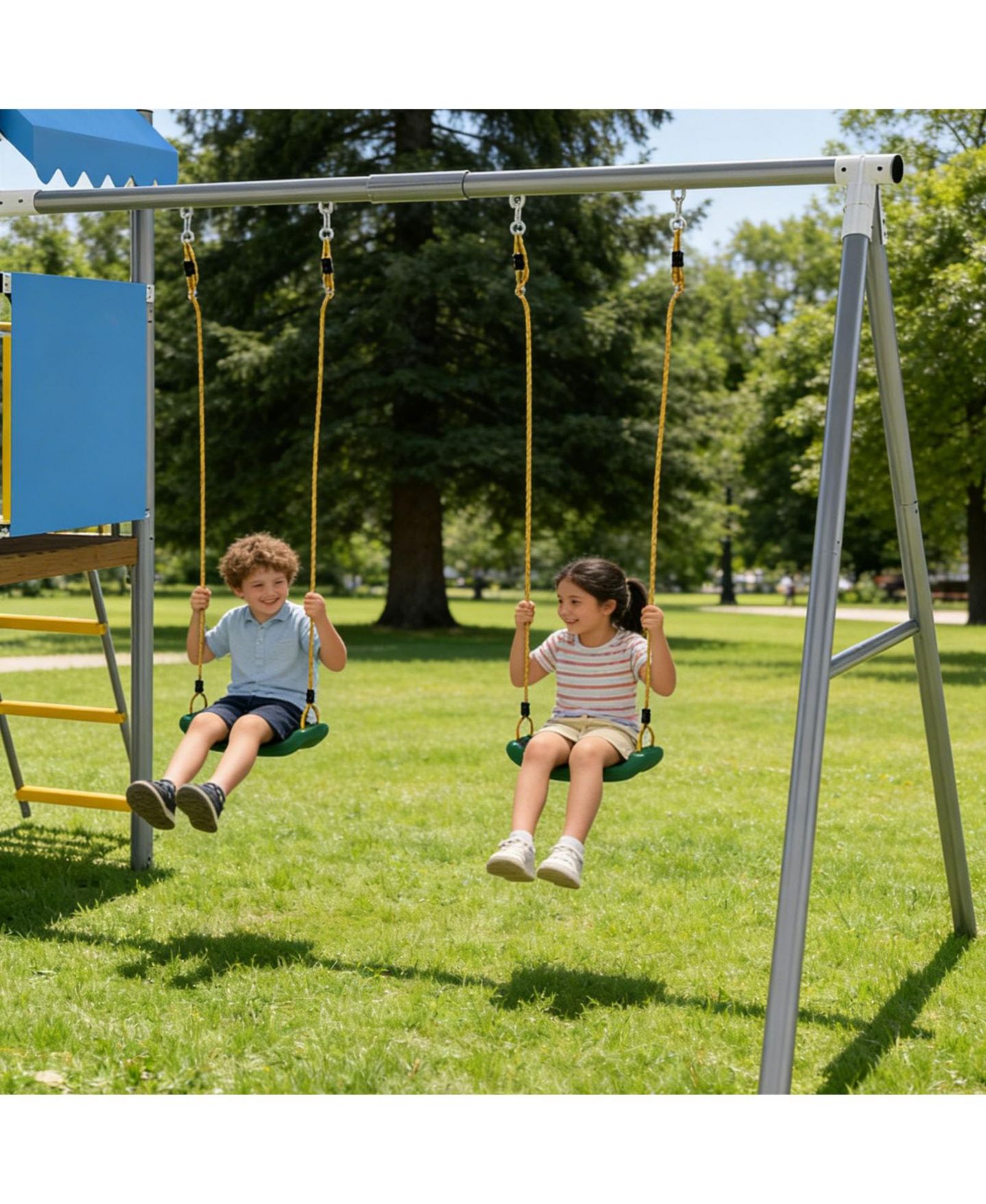 Детский игровой набор homfan 112 x 110 x 97 Inch Galvanized Steel and PE Outdoor Kids Treehouse Swing and Slides Playset with 2 Straight Swings, цвет: Синий — фото 3
