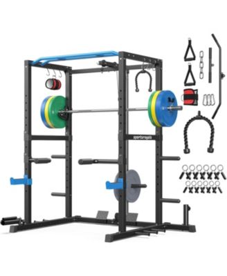 Power Rack Cage with  Weight Plates and 7FT Olympic Barbell, All-in-One Home Gym Squat Rack Workout Station with Pulley System