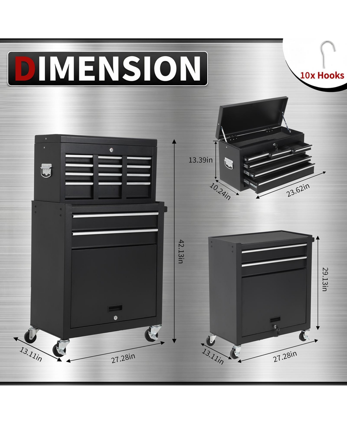 2-in-1 Tool Storage Cabinet: A lockable, -drawer metal tool cart on casters. Features a removable top toolbox, protective lining