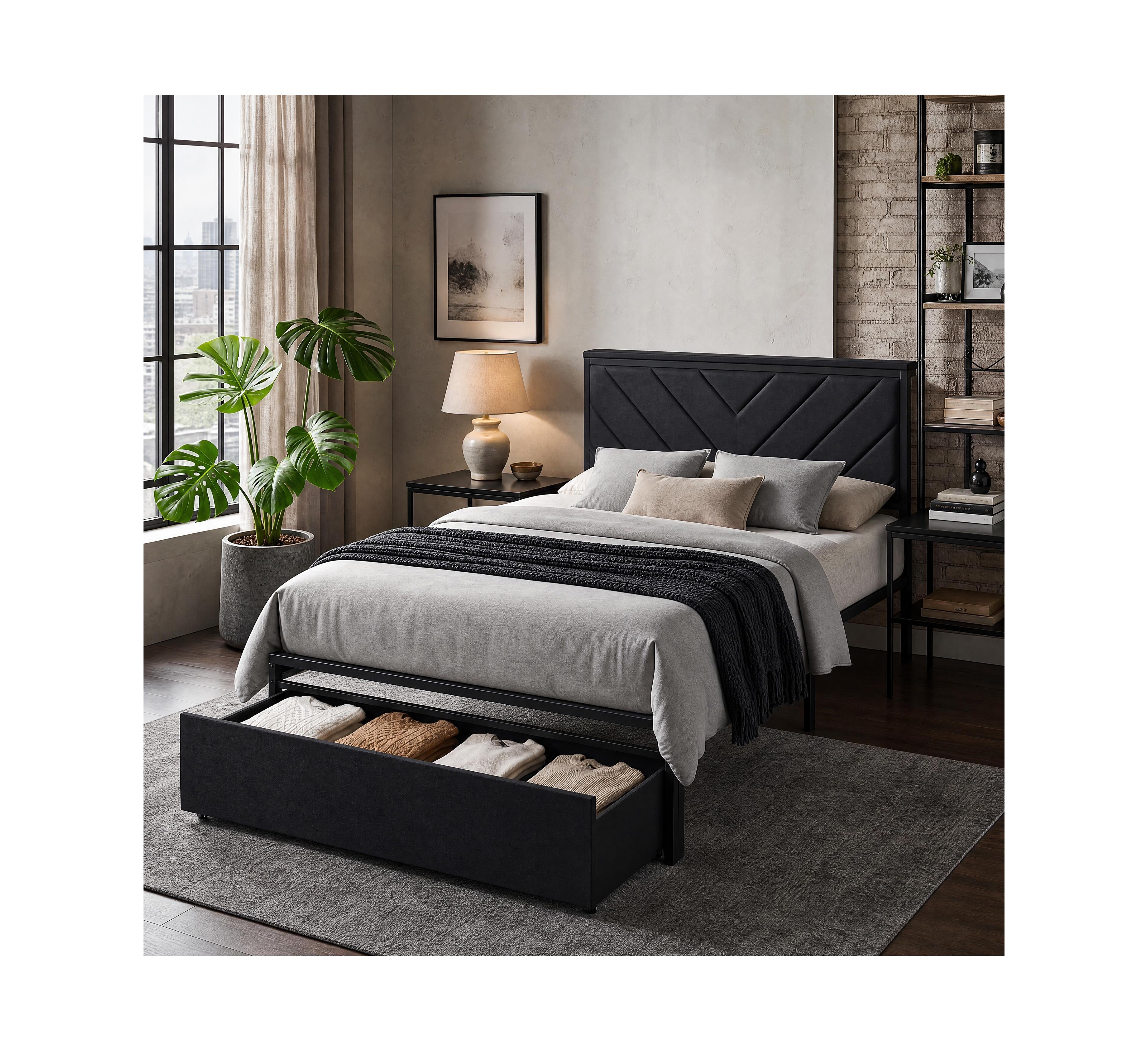 homfan Upholstered Metal Platform Bed Frame with Charging Station Headboard & 2 Rolling Under Storage Drawers