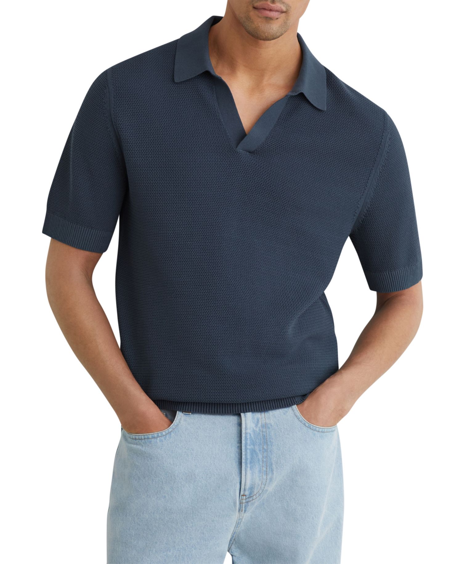 Men's Leon Cotton-Blend Basket-Stitch Open-Collar Polo Shirt