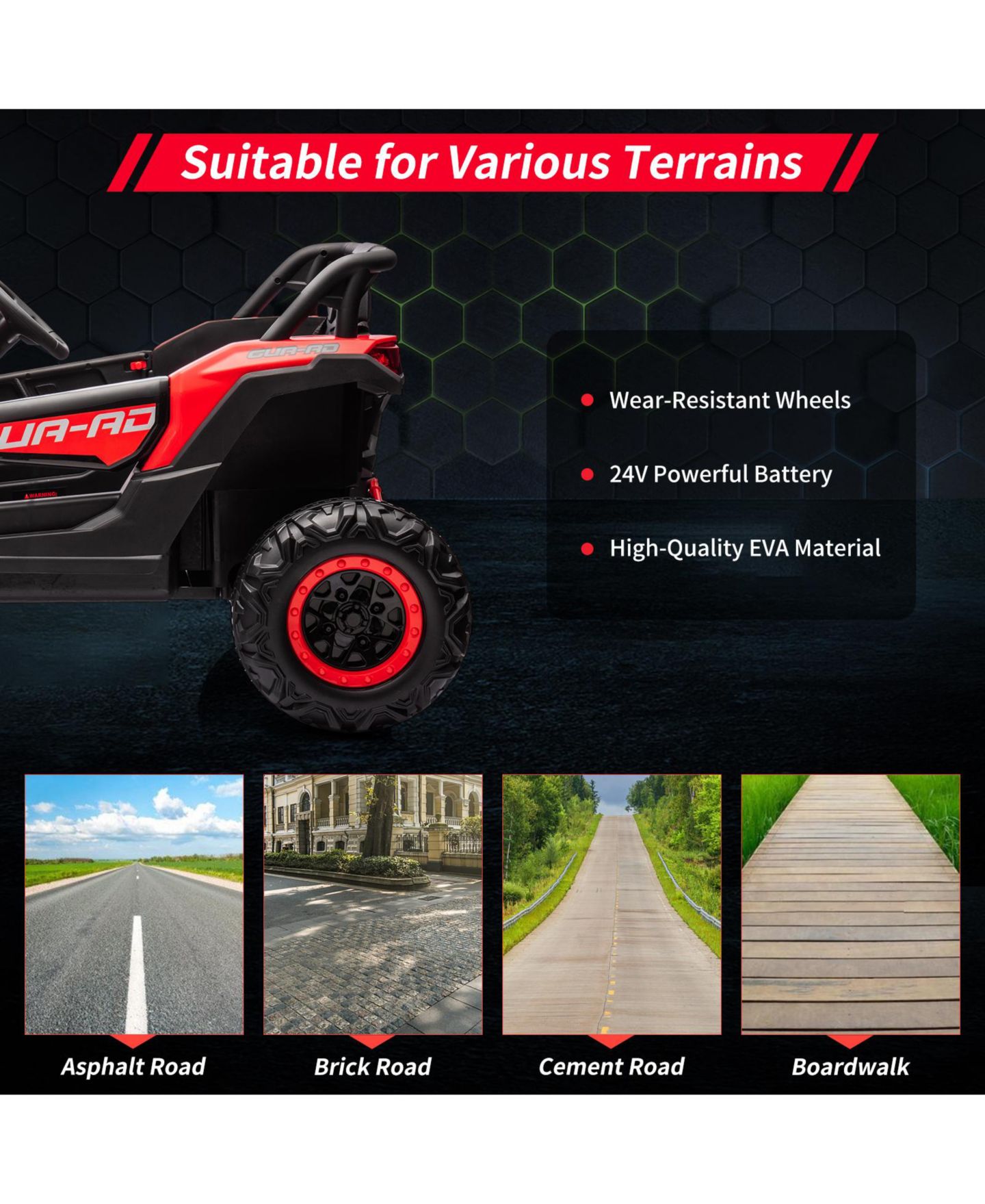 Детская игрушка homfan 24V 2-Seater Kids Electric UTV Ride-On Car - 200W Dual Motors, Metal Frame, Off-Road Suspension, Remote Control, USB, Music, LED Lights, цвет: Красный — фото 5