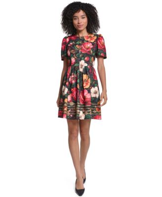 Women's Print Damask Jaquard Fit And Flare Midi Dress