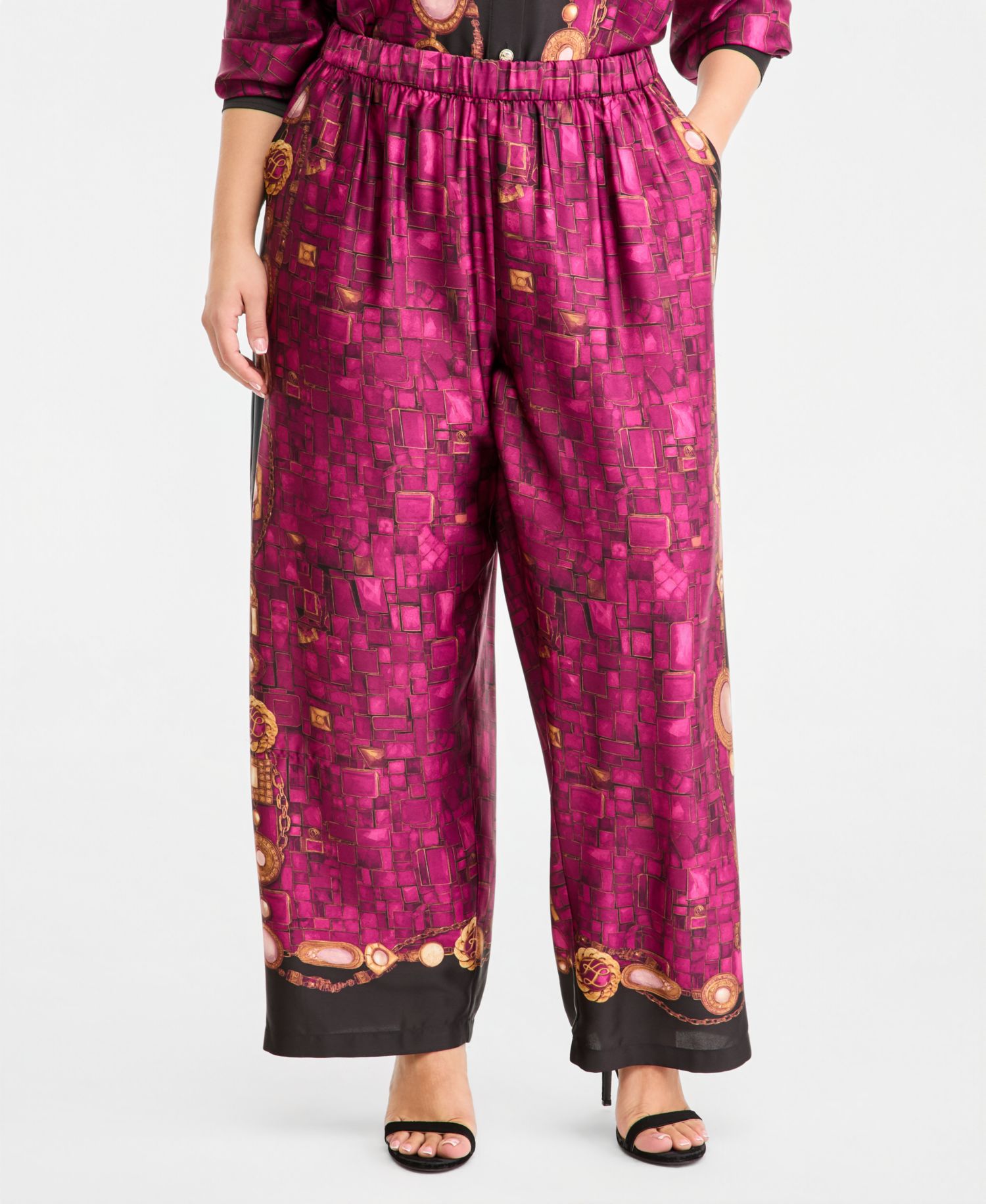 Plus Size Gemstone Pull-On Wide-Leg Satin Pants