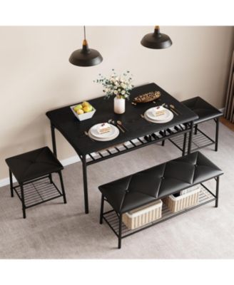 Dining Table Set for 4 with Storage Shelves, Kitchen Table Set with Upholstered Bench and Square Stools, Metal and Wood Dining Room Table Set