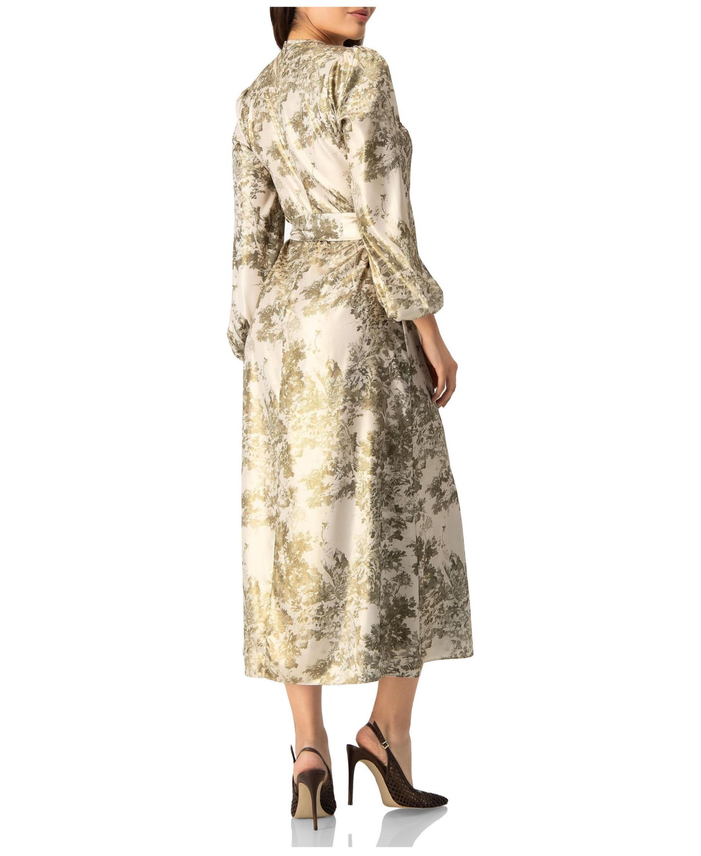 Женское платье Ivonne Botanical Print Satin, Long Sleeve Belted Keyhole Midi, цвет: Оливковый зелёный — фото 2
