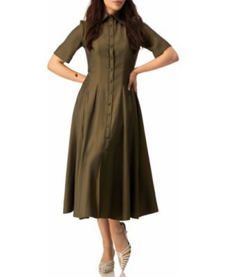Women's Short Sleeve Midi Dress with Button-Front Fit-and-Flare Shirtdres