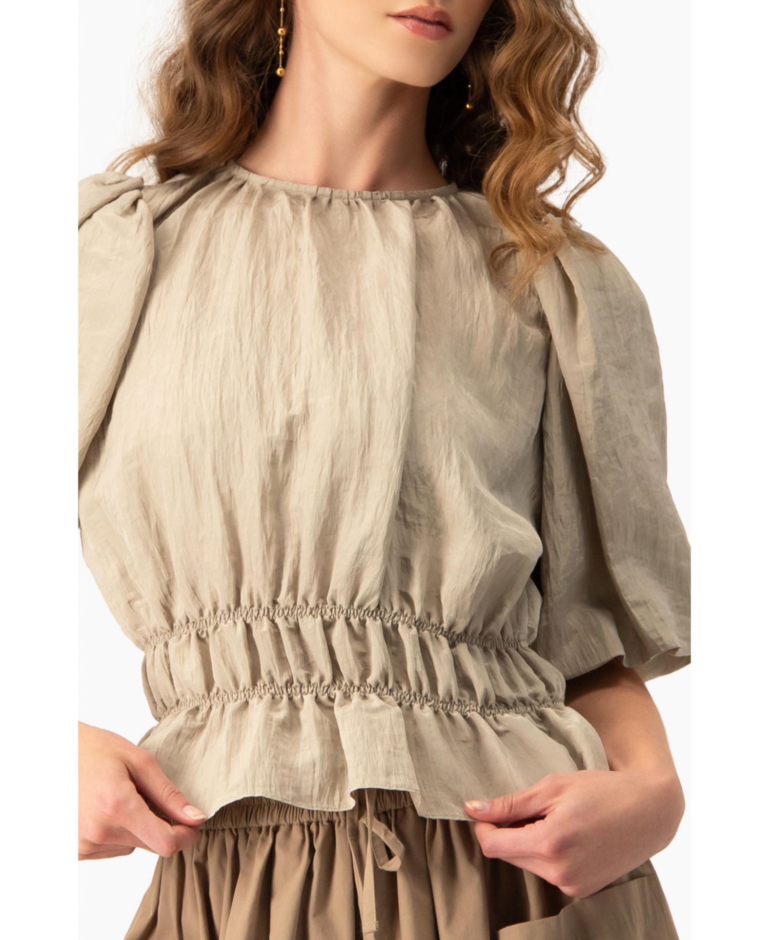 Women's Puff Sleeve Peplum, Cinched Waist Crinkle Blouse