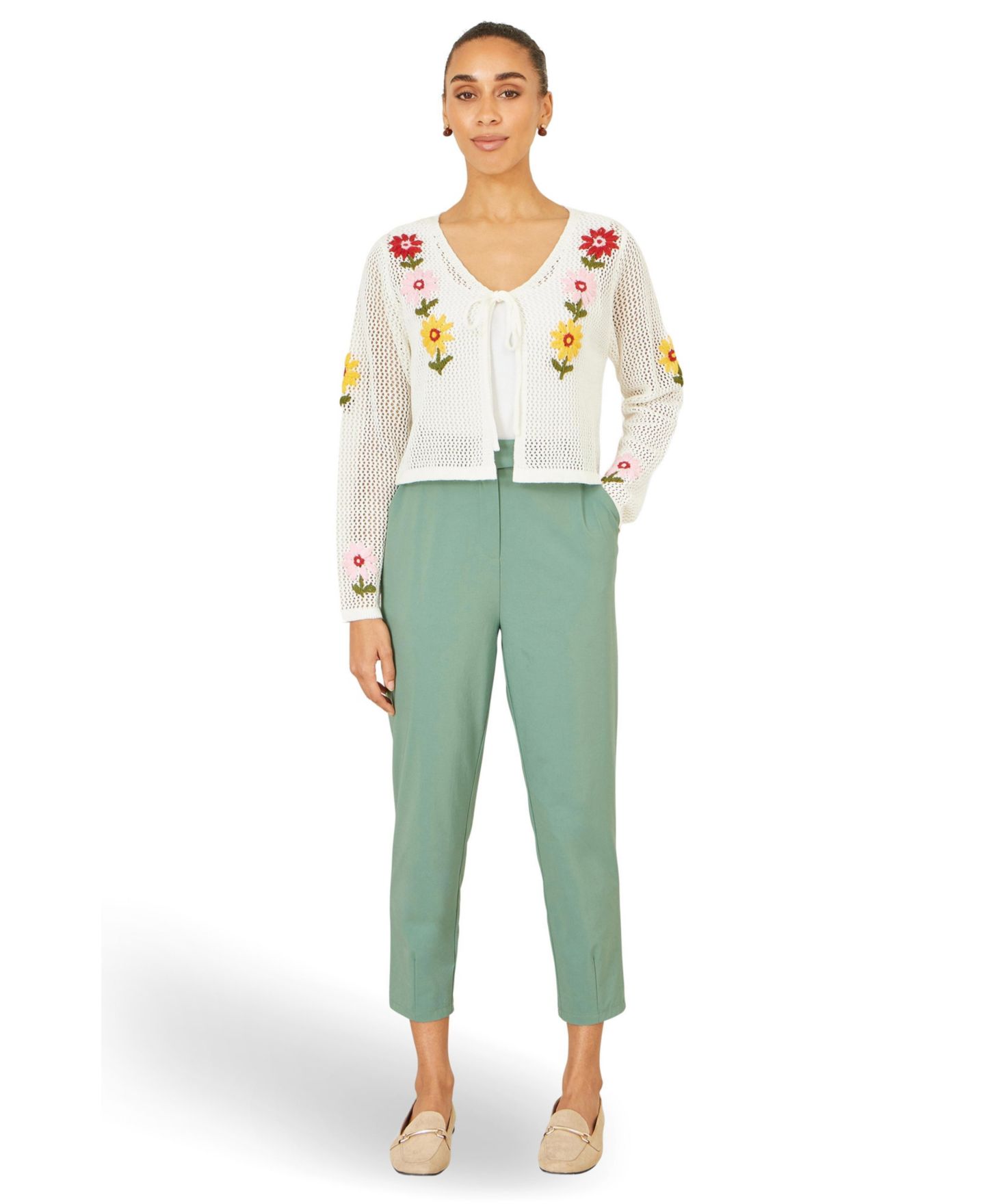 Женские брюки Yumi Stretch Tie-Belt Capri, цвет: Зелёный — фото 2