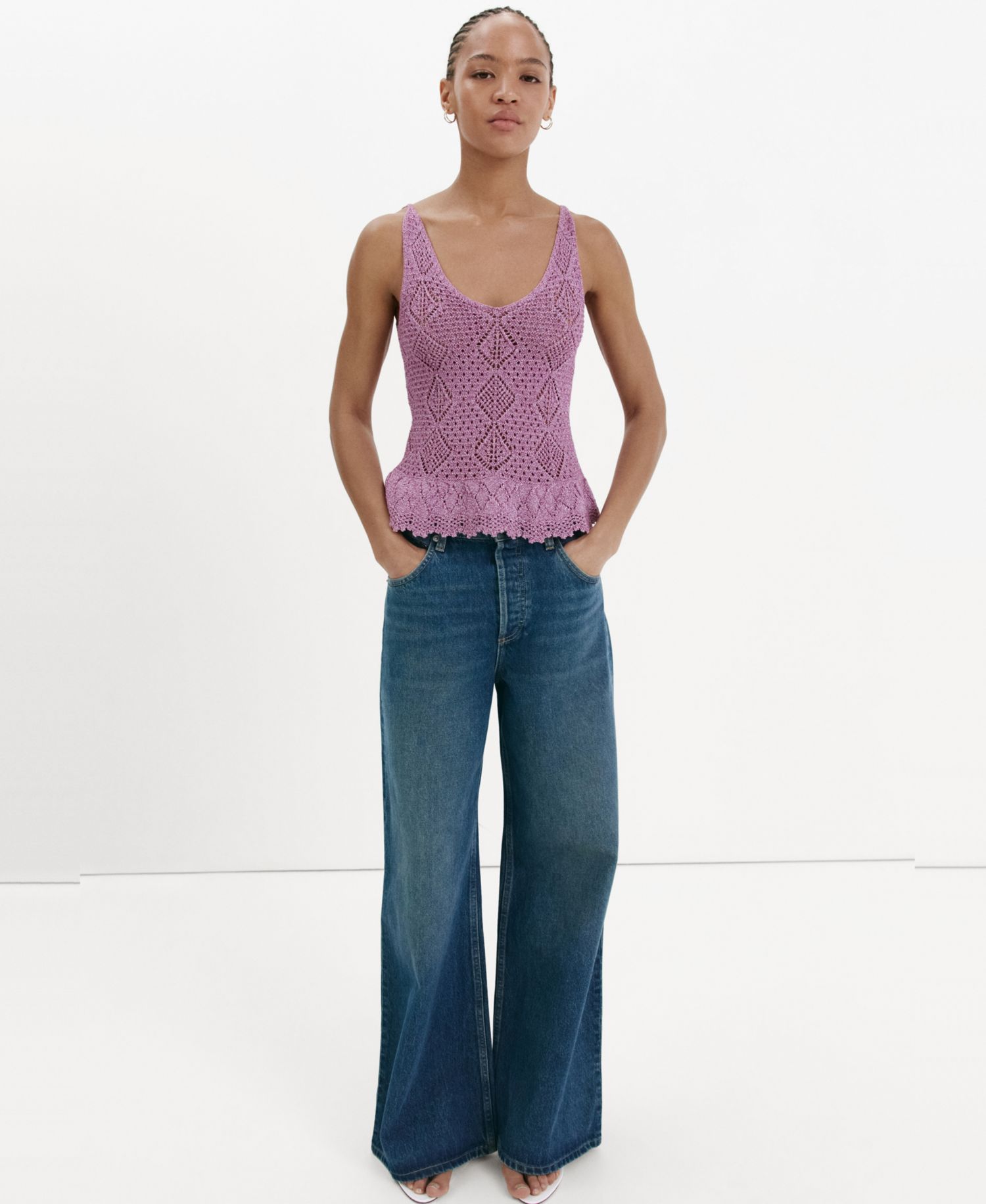Women's Scalloped Ruffle Crocheted Lurex Top