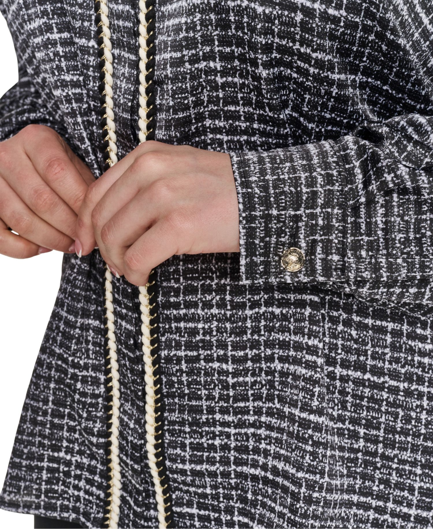 Plus Size Tweed Print Collared Long-Sleeve Top