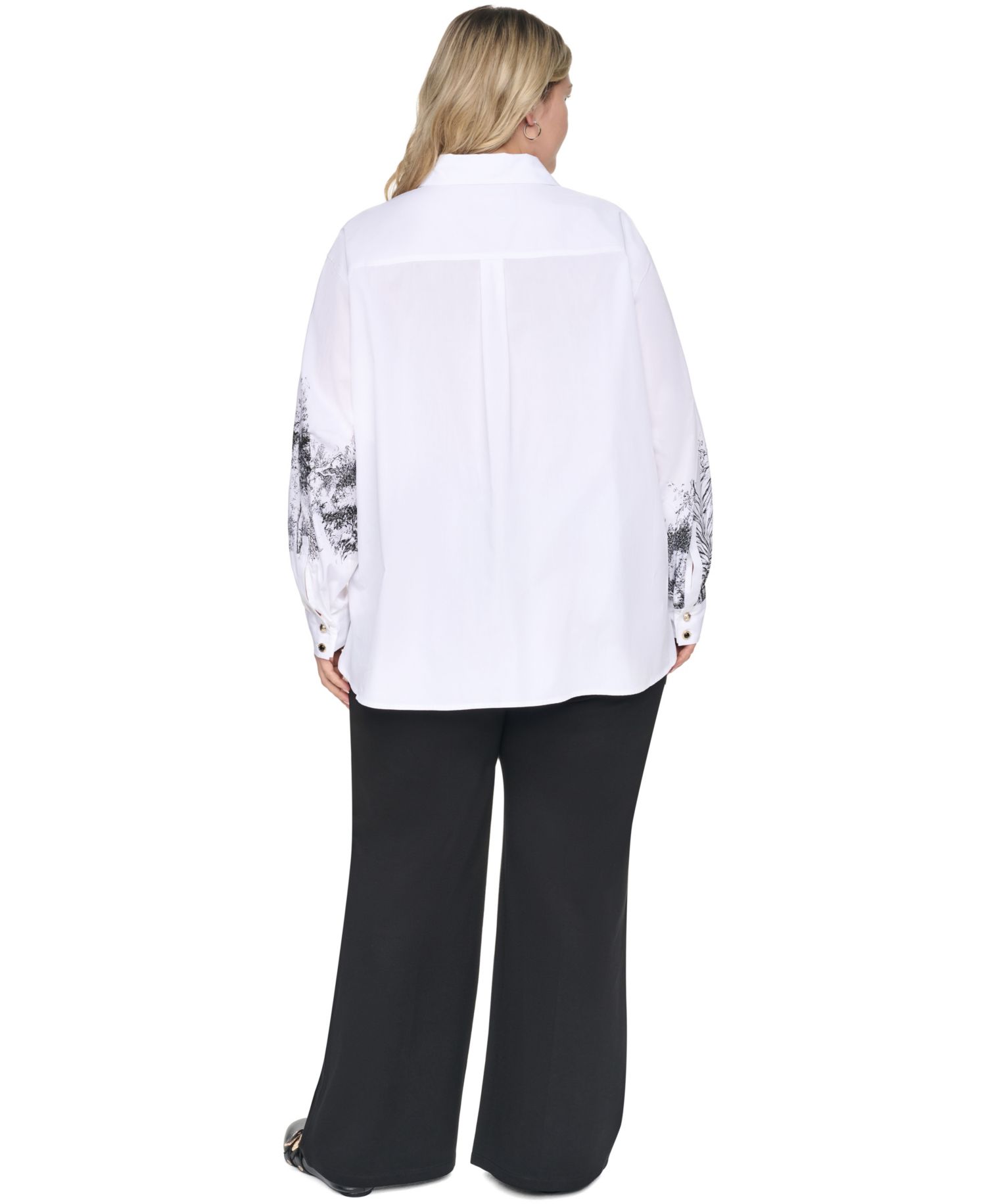 Plus Size City Scene Poplin Collared Long-Sleeve Top