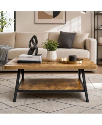 Industrial Coffee Table - 39" Rectangle Small Table with 2-Tier Storage Shelf, Round Corners, Easy Assembly, for Living Room Apartment