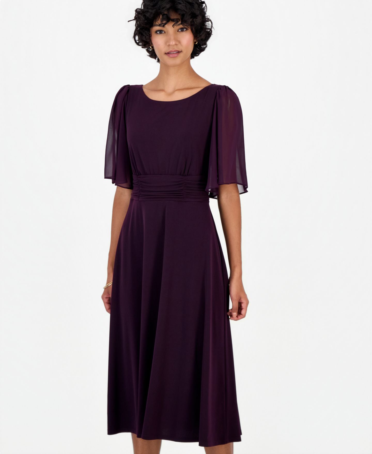 Женское платье Connected Petite Flutter-Sleeve Midi, цвет: Баклажановый — фото 5