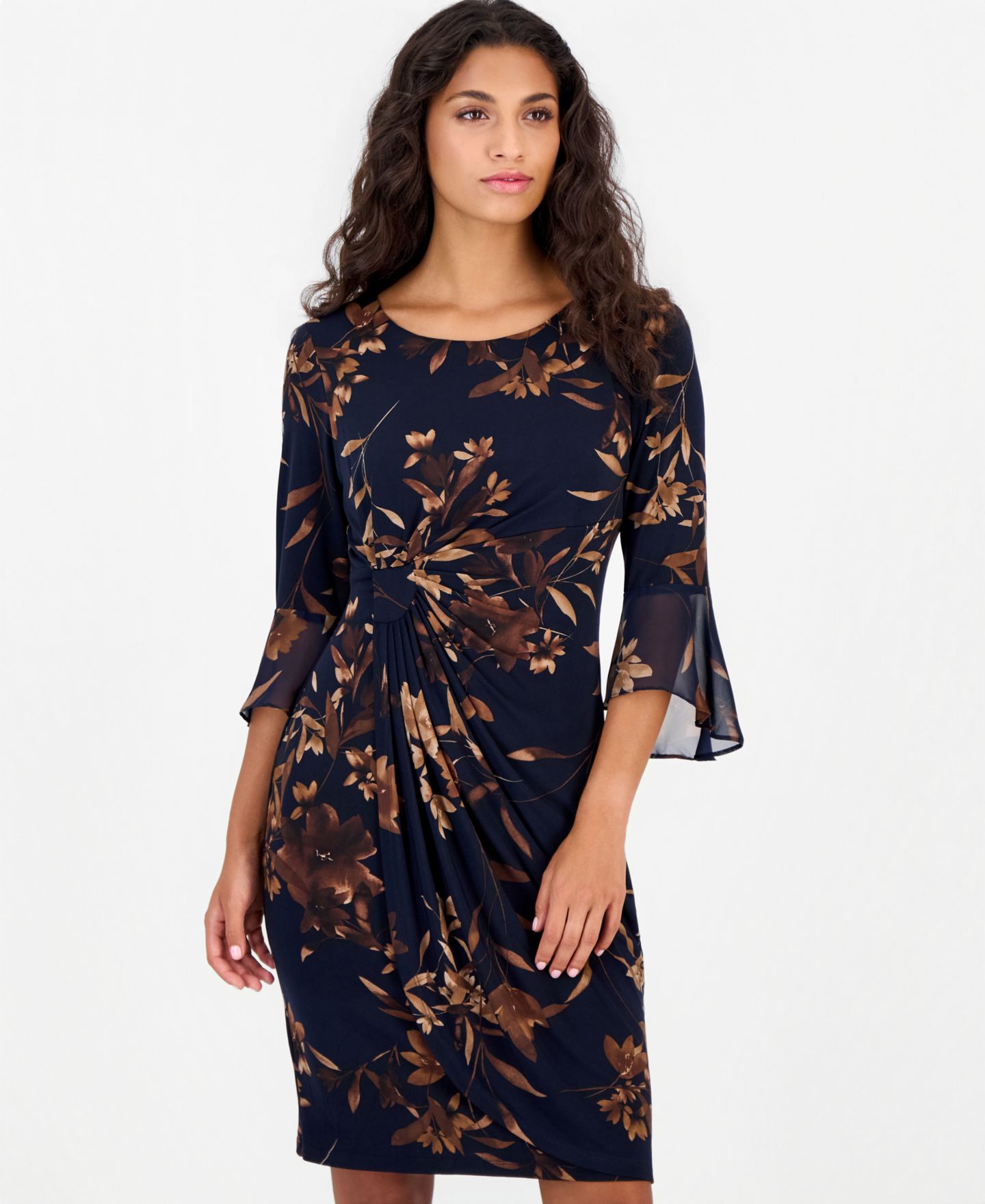 Женское платье Connected Petite Side Tab Floral 3/4-Sleeve Flounce-Cuff, цвет: Тёмно-синий — фото 2