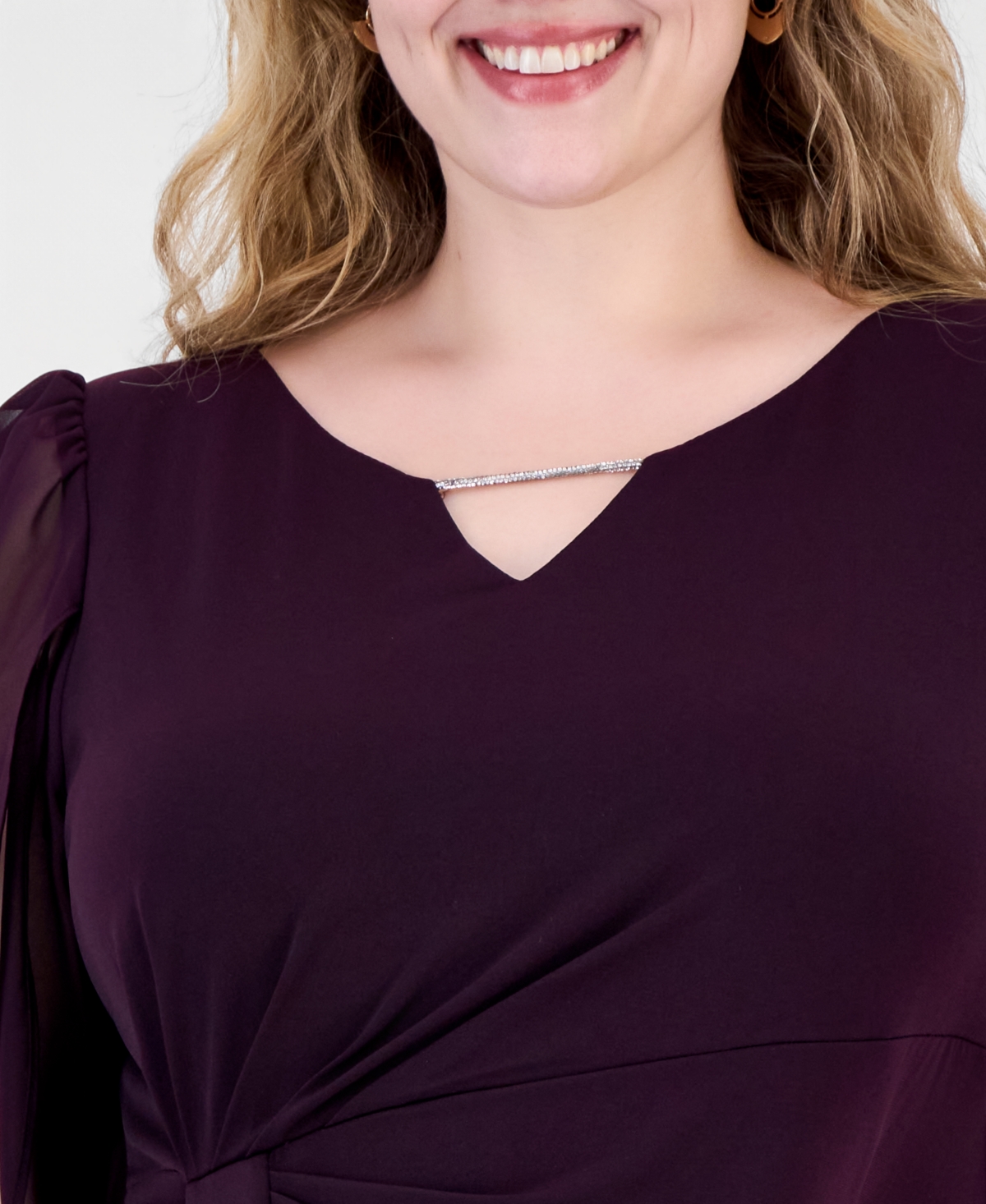 Connected Plus Sheer-Sleeve Chain-Detail Sheath Dress