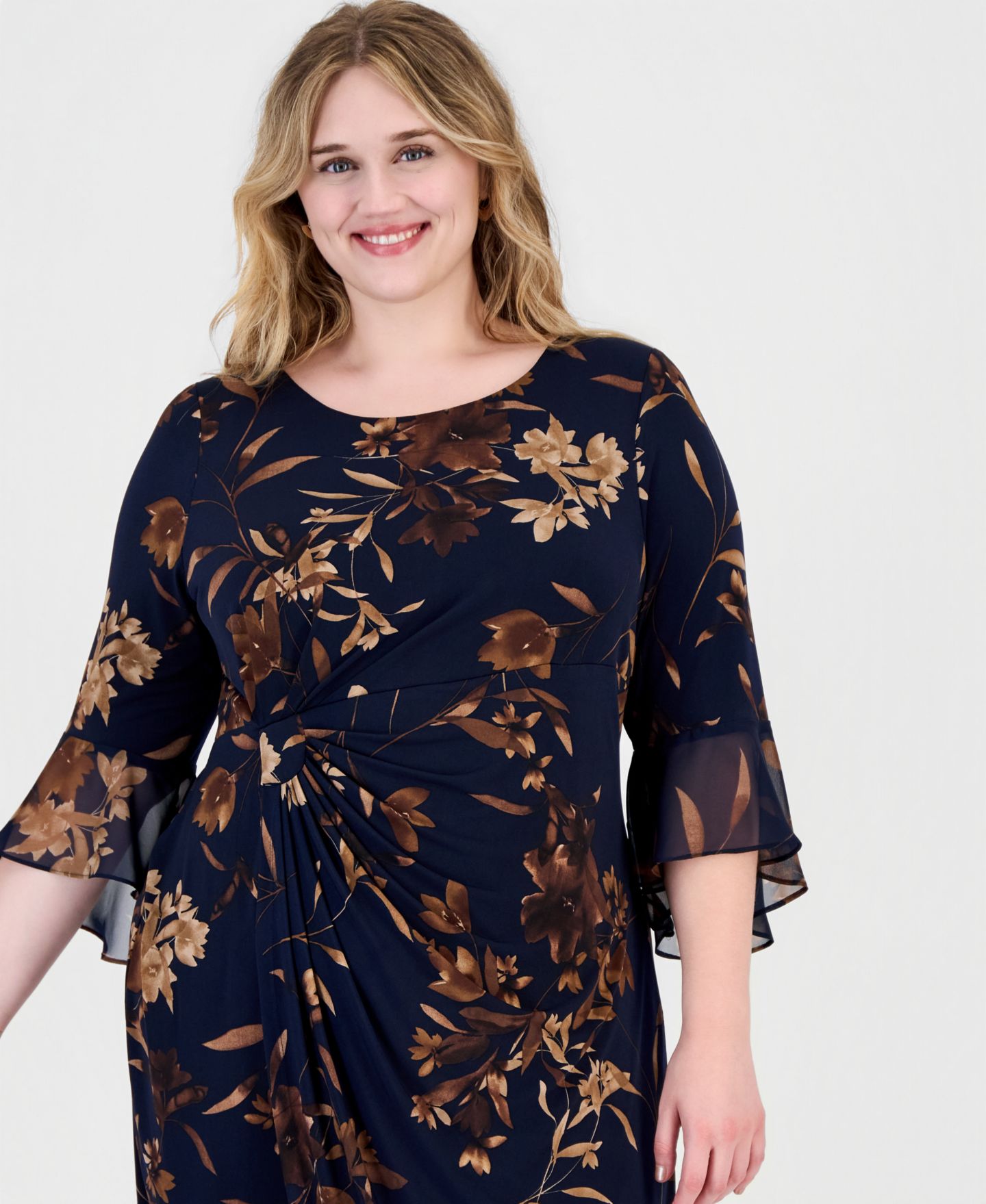 Женское платье Connected Plus Side Tab Floral 3/4-Sleeve Flounce-Cuff, цвет: Тёмно-синий — фото 4