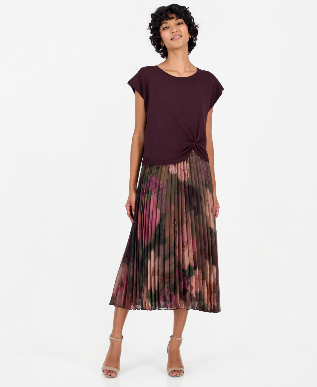 Robbie Bee Petite Knit-bodice Pleated-skirt Dress In Brown.tan
