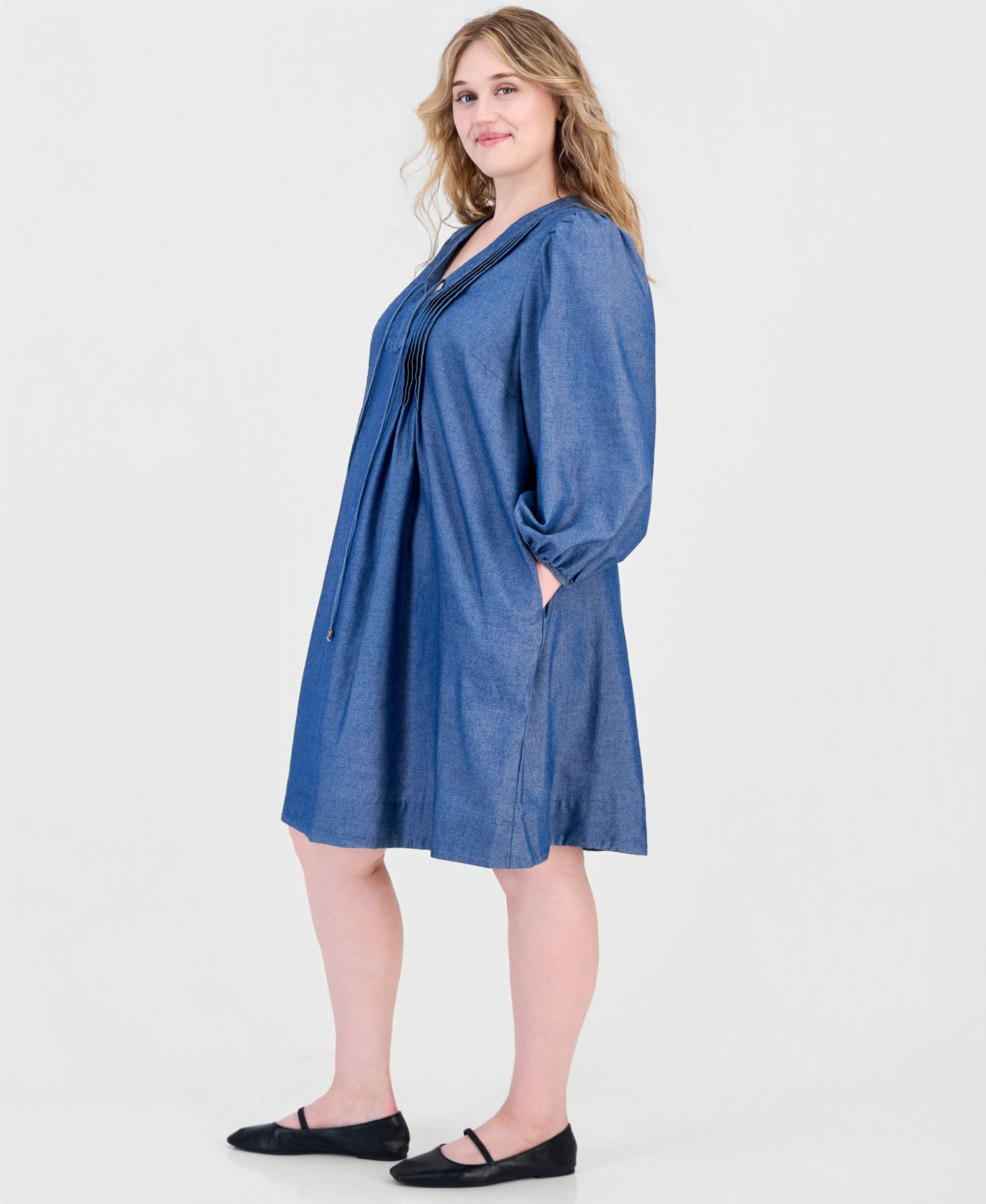 Plus Size Denim V-Neck Long-Sleeve Shift Dress