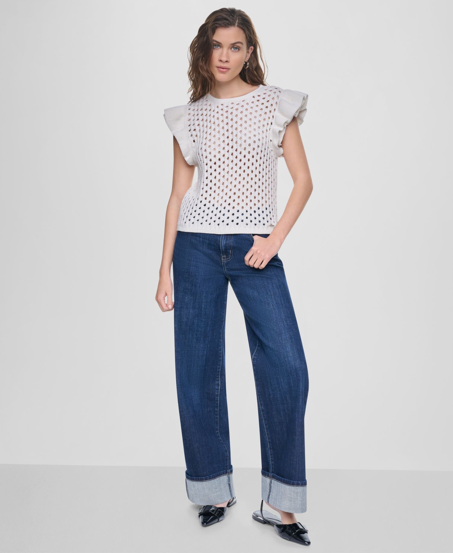 Women's Baby Chenille Pointelle Rib Flutter-Sleeve Sweater