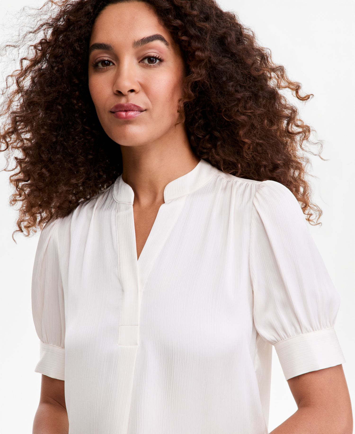 Petite Short Puff-Sleeve Y-Neck Blouse