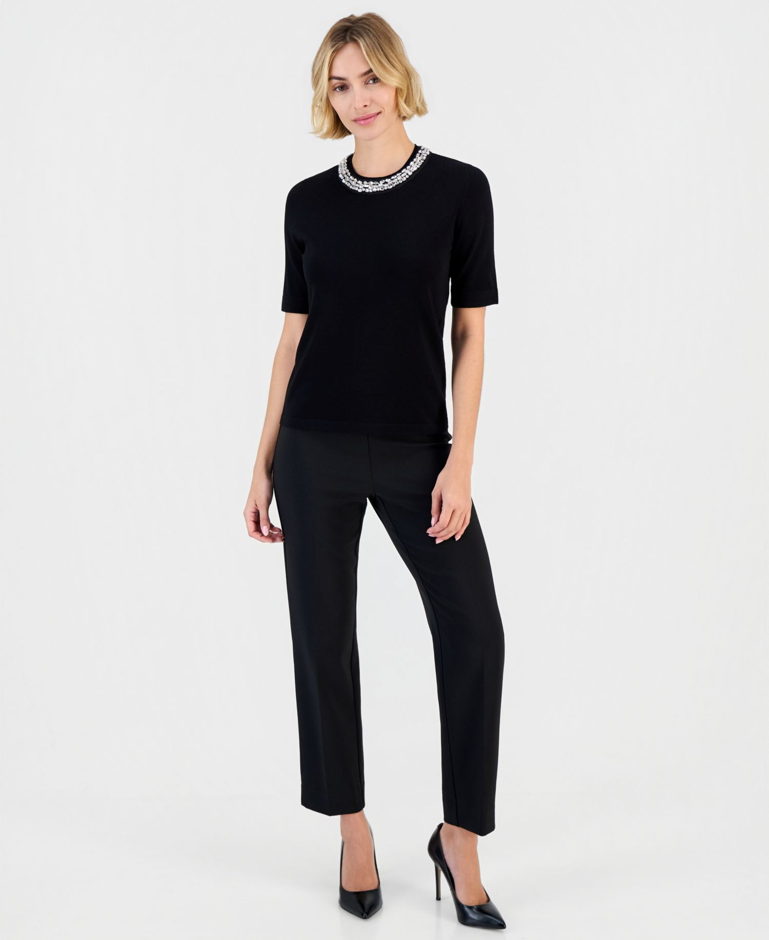 Women's Rhinestone-Embellished Short-Sleeve Sweater