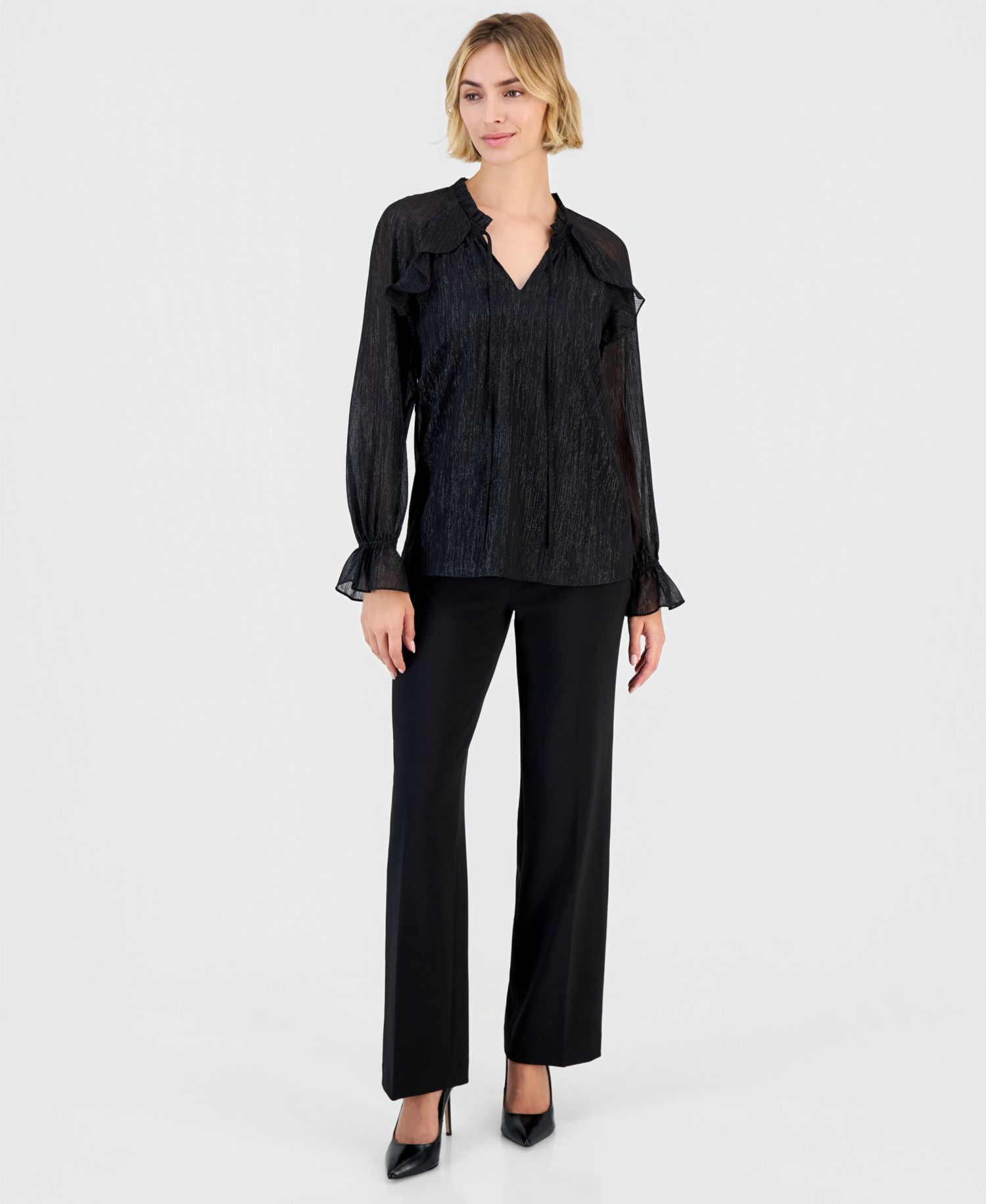Women's Ruffle Raglan Long-Sleeve V-Neck Chiffon Blouse