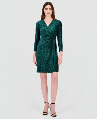 Women's Classic Velvet Sequin Faux-Wrap Dress