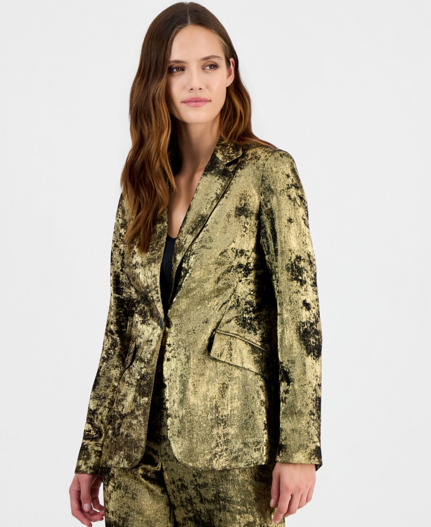 Women's Metallic Foil-Crepe Notched Collar Blazer