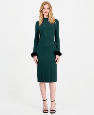 Women's Feather Trim Sheath Long-Sleeve Mock-Neck Midi Dress