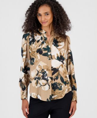 Women's Floral-Print Satin Pleat-Front Blouse
